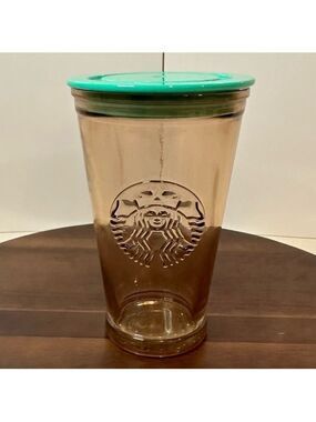 Starbucks Recycled Glass Tumbler Amber Brown Green Lid Straw 16oz Made in Spain